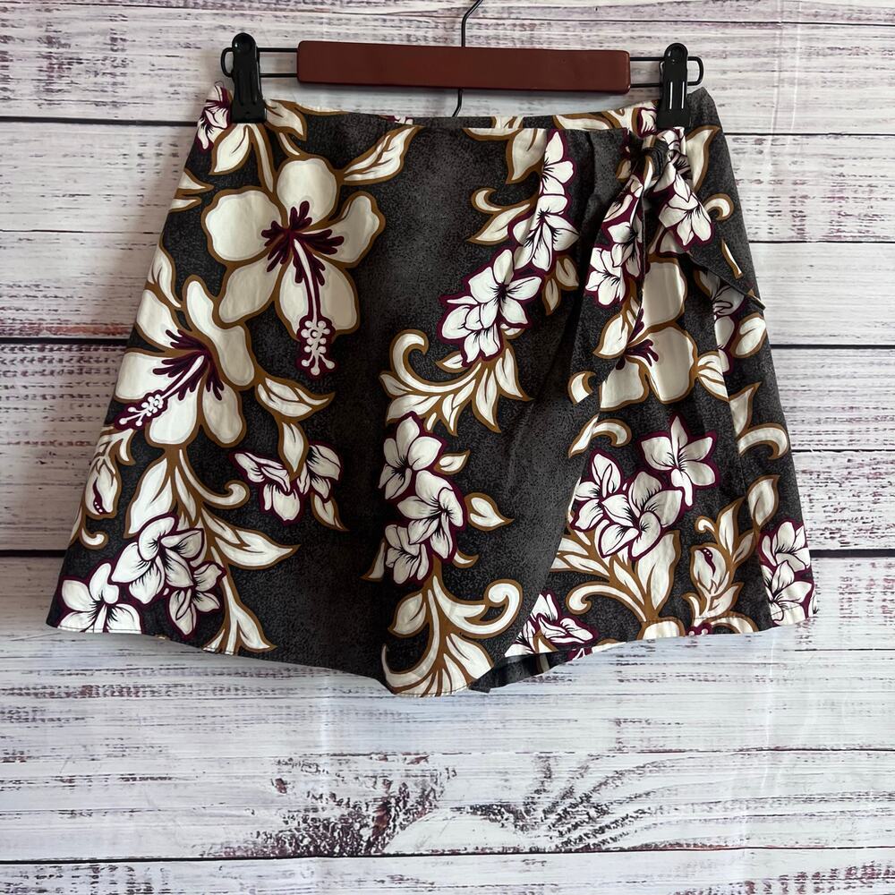 Hilo Hattie Vintage Hawaiin Skort Wrap Around Tie White Hibiscus Gray Burgundy